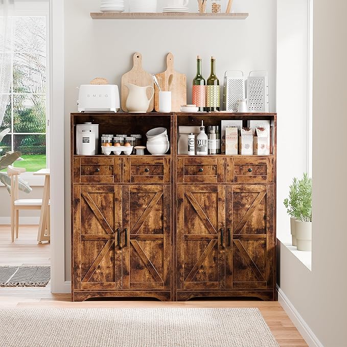 SUPER DEAL Farmhouse Storage Cabinet, Bathroom Floor Cabinet Kitchen Pantry with Doors and Drawers, Hutch Cupboard for Laundry, Living Room, Bedroom, Rustic Brown