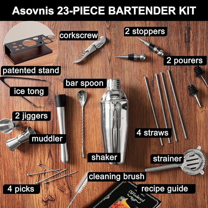 23-Piece Bartender Kit, Cocktail Shaker Set with Stand | Bar Drink Mixer Set with All Essential Bar Tools: Martini Shaker, Jigger, Strainer, Muddler, Pourers, for Home, Bar, Party (Black)