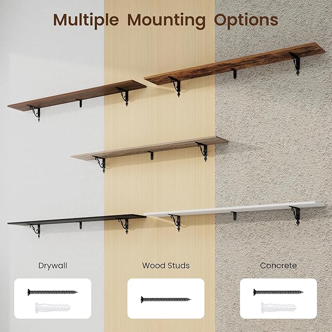 RICHFOCUS Floating Shelves for Wall Decor, 55.1W x 8D Shelf Set of 2, 8 Inch Deep Rustic Wood Shelves Wall Mounted with Brackets, Long Shelves for Living Room Bedroom Kitchen, Rustic Brown