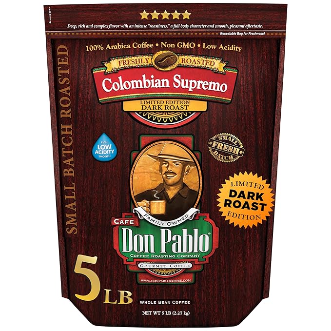 Don Pablo Colombian Supremo - Limited Edition Dark Roast Gourmet Coffee, 100% Arabica Whole Bean, Non-GMO, Low Acidity, 5 Pound (5 lb) Bag