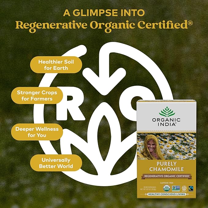 Organic India Purely Chamomile Tea - Regenerative Organic Pure Chamomile Flowers, Caffeine Free, Calming & Relaxing Herbal Tea, Natural Support for Sleep & Relaxation - 18 Tea Bags, Pack of 6