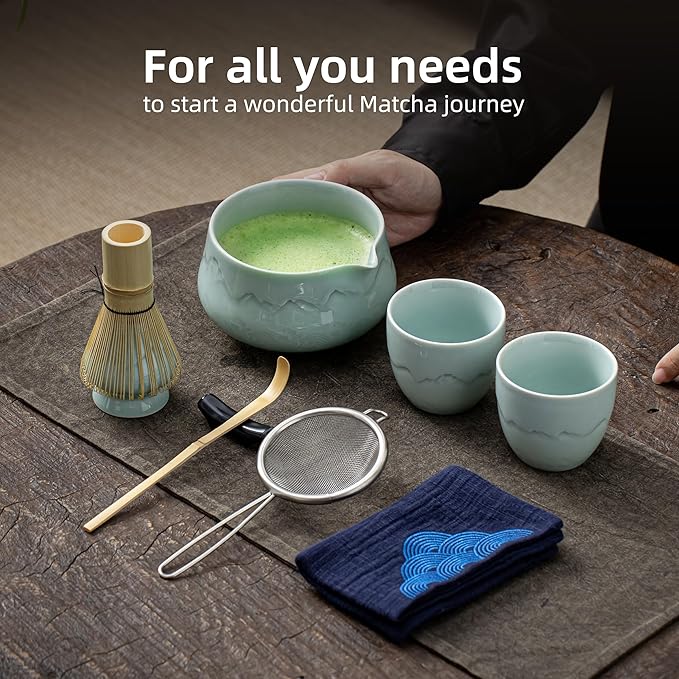 TEANAGOO Matcha Whisk Set 7pcs+2Cups(7.2oz),Ceramic Matcha Set,Matcha Kit for Ceremony,Matcha Tea Set for Making Breakfast,Whisk Set and Bowl with Scoop&Sifter,Gift for Friend