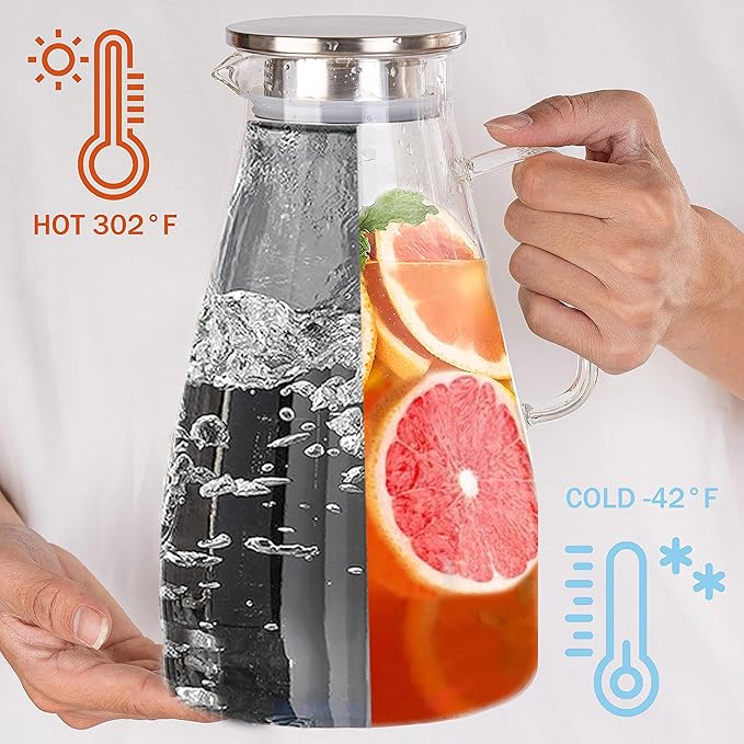 3 Quart Glass Pitcher with Lid,96 oz -Iced Tea Pitcher, Juice, Milk, Coffee, Lemonade - Borosilicate Boiling Glassware - Hot & Cold Beverages Christmas Gift,New Year Gift