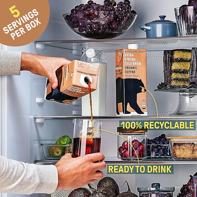 Wandering Bear Decaf Cold Brew Coffee - Bold, Smooth, No Sugar Added, Shelf-Stable, Ready to Drink, Gluten Free & Vegan Decaf Iced Cold Brewed Coffee Drink - 32 fl oz, 6 pack