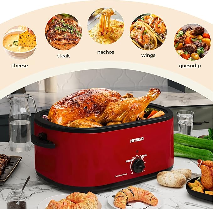 22 Quart Electric Roaster Oven with Visible & Self-Basting Lid, Large Turkey Roaster with Defrost Warm Function, Adjustable Temperature, Removable Pan Rack, Stainless Steel