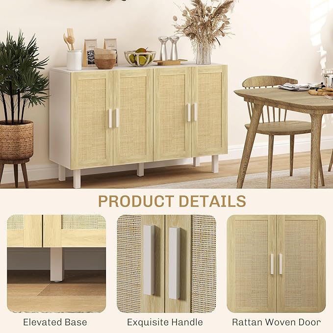 HOMCOM Boho Sideboard Buffet Cabinet, Coffee Bar Cabinet with 4 Rattan Doors and Adjustable Shelves for Kitchen, Living Room, White and Natural