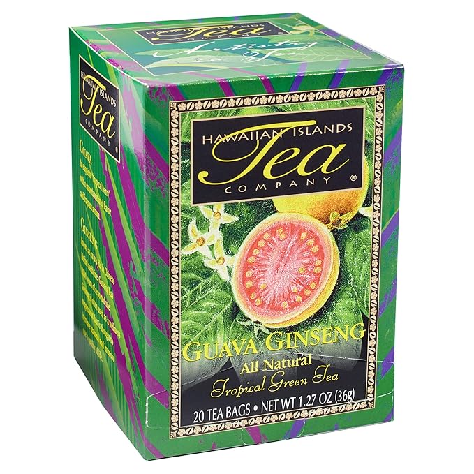 Hawaiian Islands Tea Company Guava Ginseng Green Tea, All Natural - 20 Teabags (1 Box)