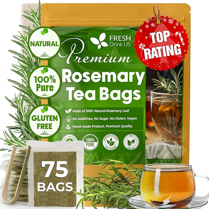 FreshDrinkUS, Premium 75 Rosemary Leaf Tea Bags, 100% Natural and Pure Rosemary Dried Leaves, Pure Herbal Tea, No Additives, No Caffeine, No Gluten, Vegan.