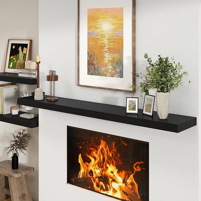 72 Inch Black Floating Shelf | 12 Inch Deep Floating Shelves Set of 1 | 72" D x 12" D Rustic Wood Shelves for Wall | Deep Black Shelves for Living Room Bathroom Laundry Room Kitchen