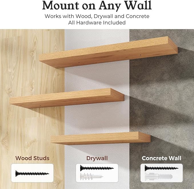 Floating Shelves for Wall, 9.3" Deep Wall Mounted Wood Shelves for Bathroom, Bedroom, Living Room, Kitchen, Hanging Shelf for Books/Storage/Room Decor (Oak, 48")