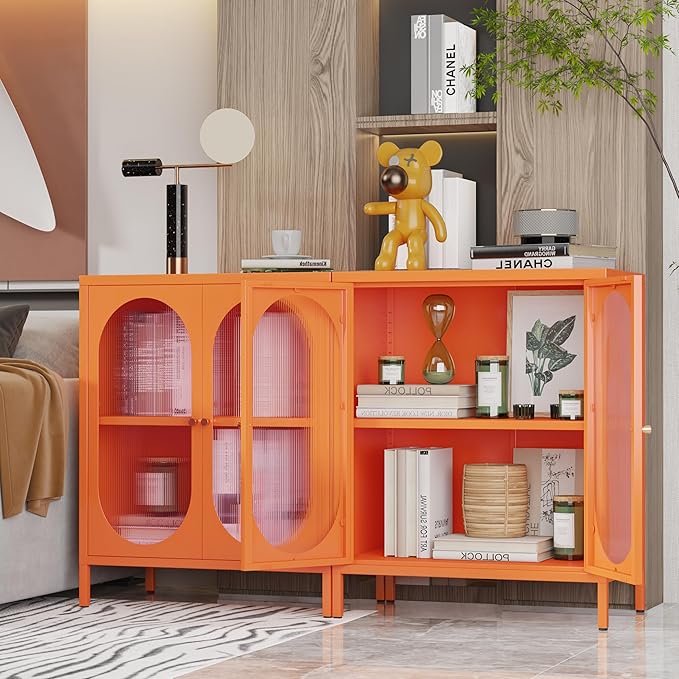 Small 2 Transparent Door Metal Storage Side Buffet Cabinet for Bed Room,Living Room,Entryway,Hallway,Home,Hotel,Office,Garage,Kitchen,1 Removable Shelf. (Transparent Door, Orange)