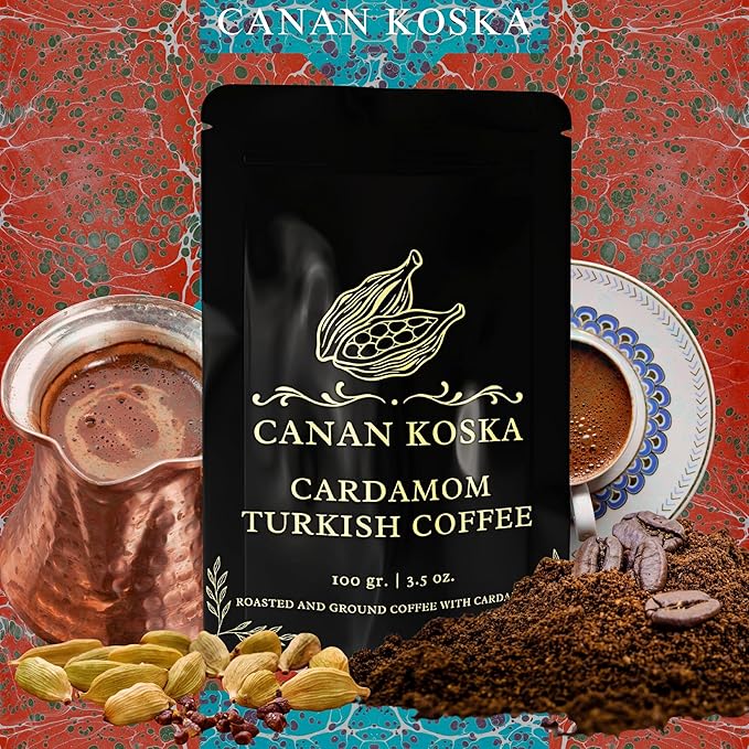 Canan Koska Cardamom Turkish Coffee - Premium Ground Coffee With Natural Cardamom Grounds, Medium Roast, Traditional Ottoman Recipe - 3.5oz (100g) - Pack Of 6