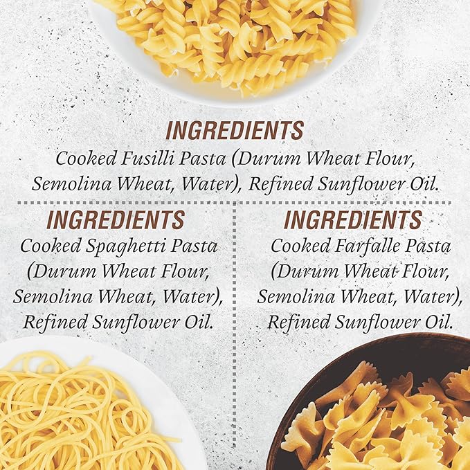 Pasta Zing Microwavable Variety Pasta Pack of 7 | 2x Farfalle | 3x Spaghetti, 2x Fusilli Pasta | Microwave Pasta Ready To Eat in 60 Sec - Fully Cooked -100% Durum Wheat 7.05 Ounce