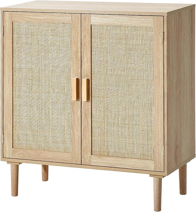 VEVOR Rattan Cabinet, Buffet Cabinet with 2 Magnetic Doors and Adjustable Shelves, Sideboard Buffet for Hallway, Entryway, Living Room, or Kitchen, Natural