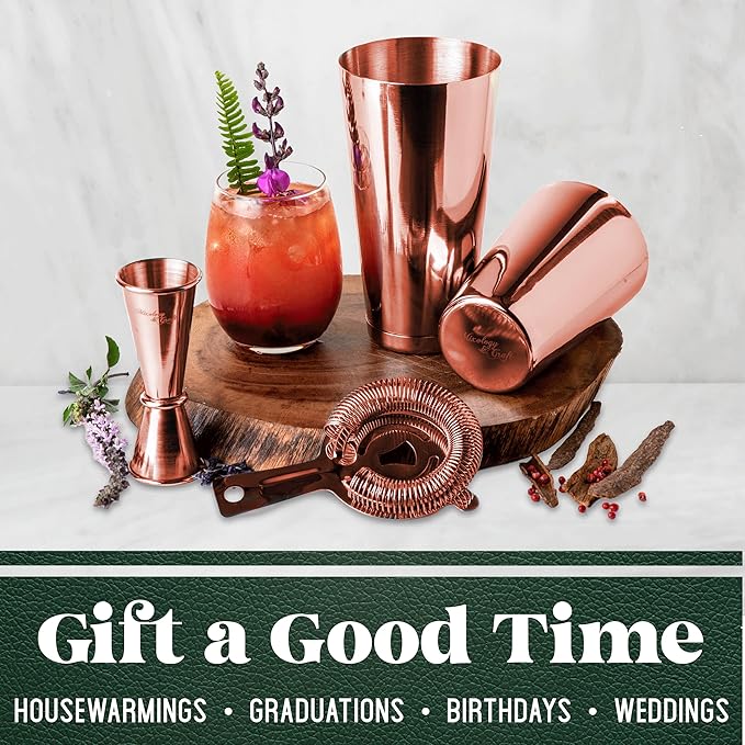 Mixology Cocktail Shaker Boston Shaker Set Professional Weighted Martini Shakers, Strainer and Japanese Jigger, Portable Bar Set for Drink Mixer Bartending, Exclusive Recipes Cards (Copper)