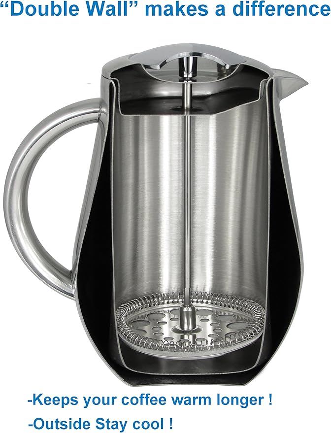 Stainless Steel French Press Coffee Maker Large 1 L (34 oz) with 2 Extra Filters Silver – Double Walled Insulated Coffee Press Keeps Drinks Hot, Easy to Use, Stylish Design for Rich Flavor