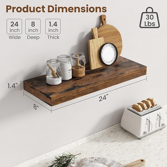 24 Inch Floating Shelves for Wall, 8 Inch Deep Floating Shelf for Storage & Display, Rustic Wall Mounted Shelf with Invisible Brackets for Living Room, Kitchen, Bathroom, Home Decor, Set of 2, Walnut