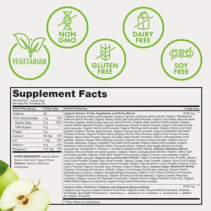 Zena Nutrition Organic Super Greens Powder, 70+ Superfoods, 0 Sugar, 3G Fiber, Spirulina, Chlorella, Mushrooms, Prebiotics/Probiotics, Digestive Enzymes for Gut Health, Green Apple, 30 Servings