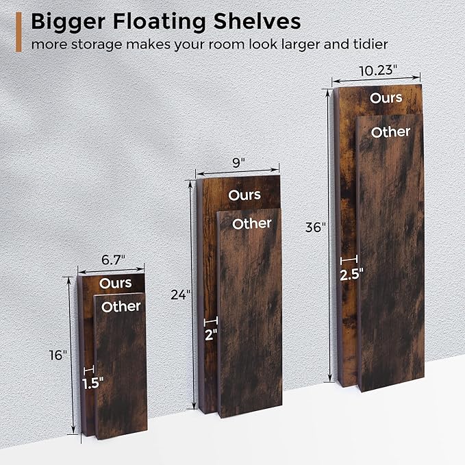 Fun Memories Floating Shelves - 16 Inch Rustic Brown Wall Shelf - Wall Mounted Shelves for Wall Decor Storage - Wooden Shelves with Invisible Brackets for Living Room, Bedroom, Kitchen, 2 Pack