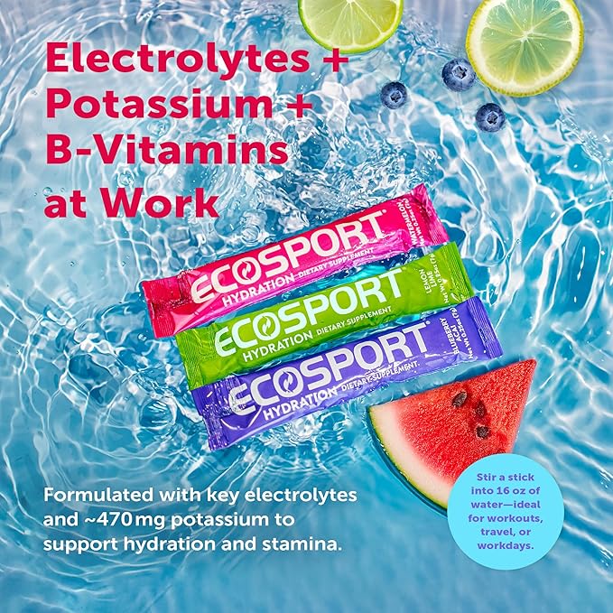 EcoSport Instant Hydration Packets, Watermelon – Electrolytes, Vitamin C, B Vitamins & Aloe Vera, 24 Stick Packs/Box, 0.25 Oz Ea