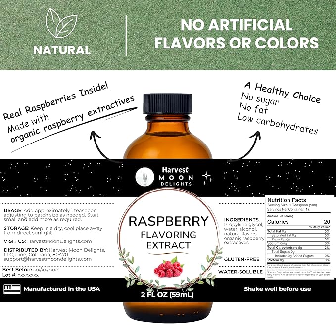 Natural Raspberry Extract - 2 oz - Water-Soluble - By Harvest Moon Delights - Raspberry Extract for Baking, Ice Cream, Drinks, and Candy - Flavoring, Flavor - Sugar-Free