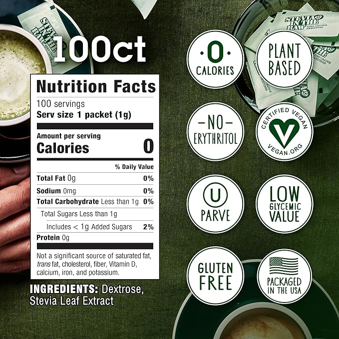 Stevia In The Raw, Plant Based Zero Calorie, No Erythritol, Sugar Substitute, Sugar-Free Sweetener for Coffee, Hot & Cold Drinks, Suitable For Diabetics, Vegan, Gluten-Free, 100Count Packets (1 Pack)