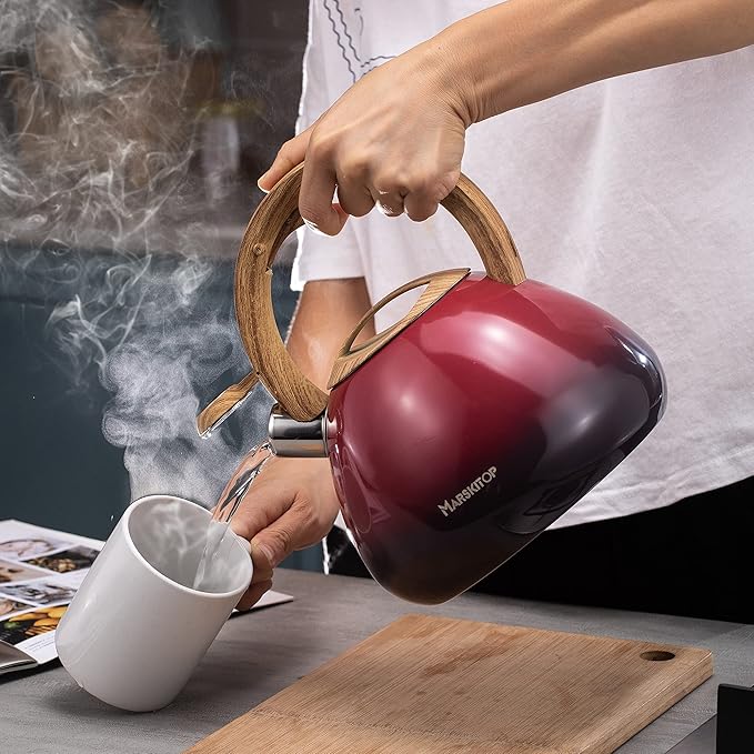 MARSKITOP Whistling Tea Kettle for Stove Top, Food Grade Stainless Steel Tea Kettle Teapot for Stovetop with Anti-Hot Ergonomic Handle, 2.6 Quart, Red