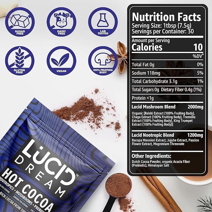 Lucid Dream Mushroom Hot Cocoa for Sleep -Dreamy Nighttime Blend with Adaptogens for Relaxation-Boosts Melatonin for Better Rest (7.94 Ounces, Chocolate)