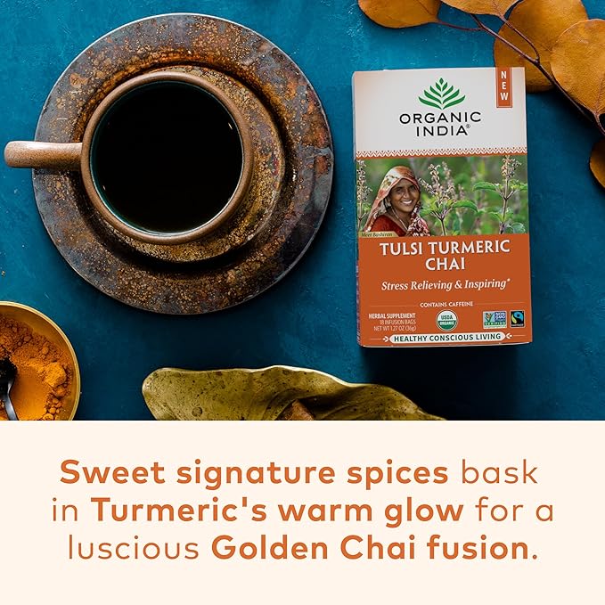 Organic India Tulsi Turmeric Chai Tea - Herbal Tea Bags with Caffeine, Ginger Root, Cinnamon, Holy Basil, Stress Relieving and Energizing, Immune Support, Helps Digestion - 18 Count, Pack of 6