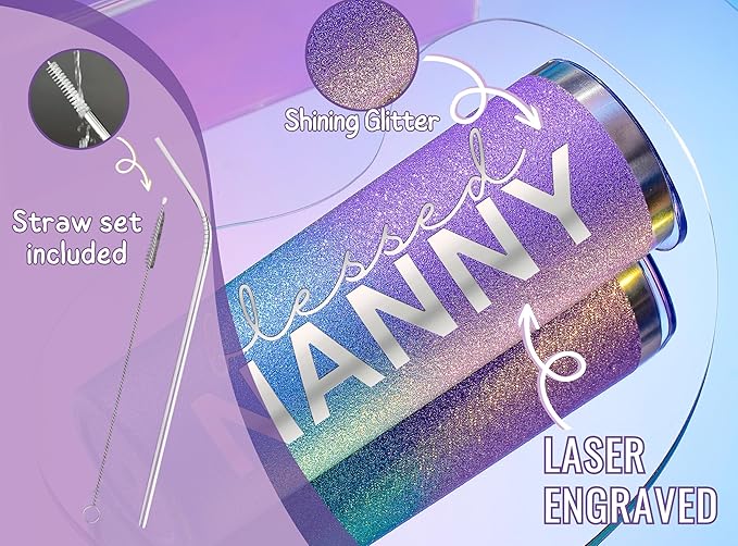 Onebttl Christian Grandma Gifts for Mother's Day, 20oz Purple & Blue Glitter Skinny Tumbler, Straw & Lid Included, Nanny Gifts - Blessed Nanny