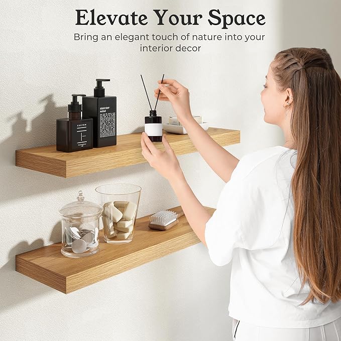 Floating Shelves for Wall, 9.3" Deep Wall Mounted Wood Shelves for Bathroom, Bedroom, Living Room, Kitchen, Hanging Shelf for Books/Storage/Room Decor (Oak, 55")