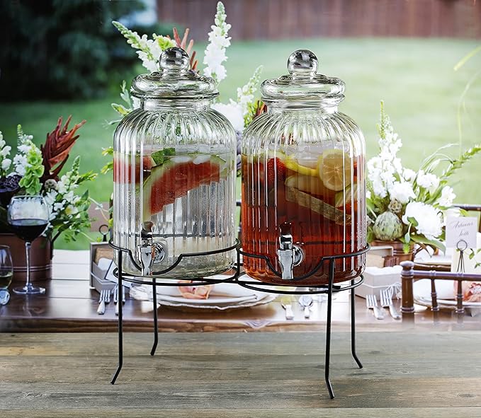 Style Setter Canyon Glass Beverage Dispenser with Stand Set of 2-1.3 Gallon Drink Dispenser with Stand & Spigot - Leak-Proof Lemonade Dispenser - Punch Dispenser for Parties, Weddings, Birthdays