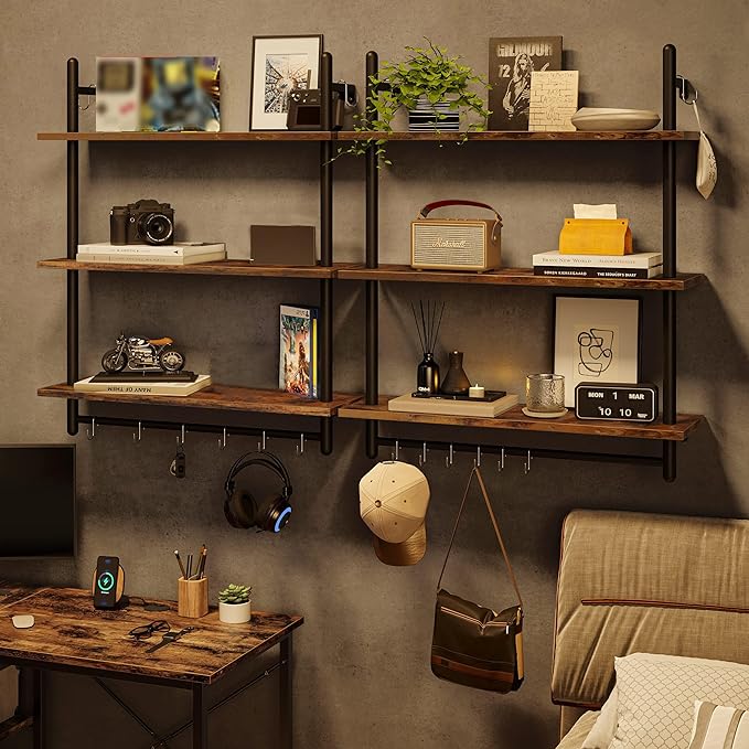 Bestier 3 Tier Industrial Pipe Shelving, Floating Book Shelves for Wall, Storage Hanging Shelves with Towel Bar for Bathroom Organizer Bedroom Kitchen Plants Office. 31.5 Inch Rustic Brown