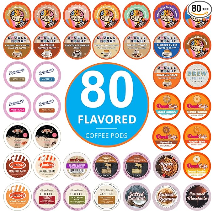 Crazy Cups Flavored Coffee Pods Variety Pack for Keurig K Cups Brewers, Assorted Flavored Coffee Sampler, 80 Count