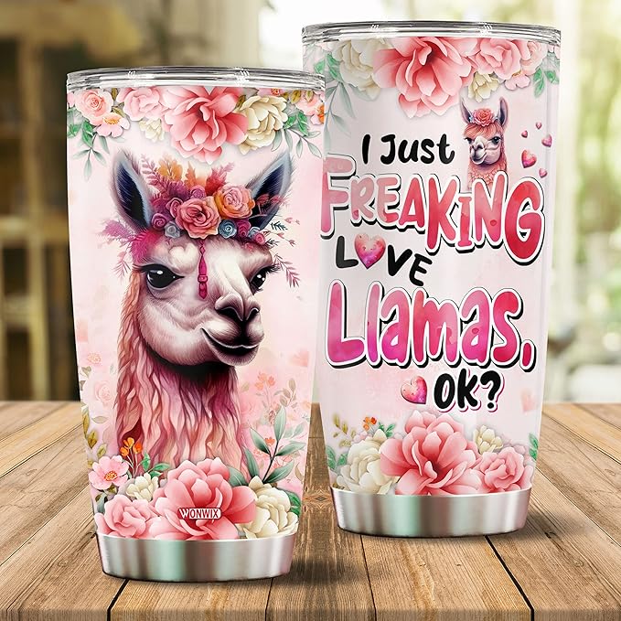 Llama Tumbler 20oz Cute Animal Gift for Women, Girls Who Freaking Love Llamas Lovers Flowers Perfect Birthday Christmas Valentine Wife Daughter Insulated Stainless Steel Coffee Cup with Lid