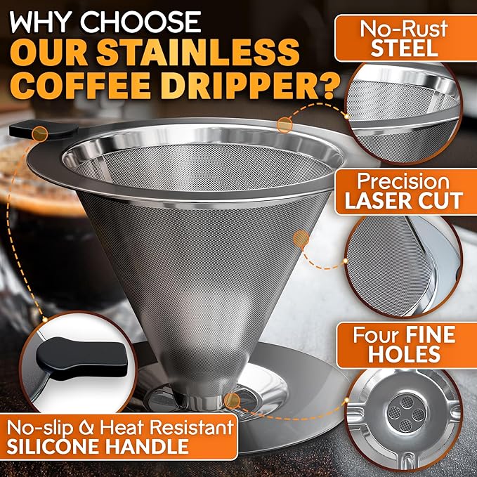 Pour Over Coffee Dripper - 3.18x4.48" Stainless Steel Pour Over Coffee Maker with Large Plastic Handle, Wide Secure Base and a Brush for Cleaning - Ensures Well-Balanced and Reach Tea Infuser