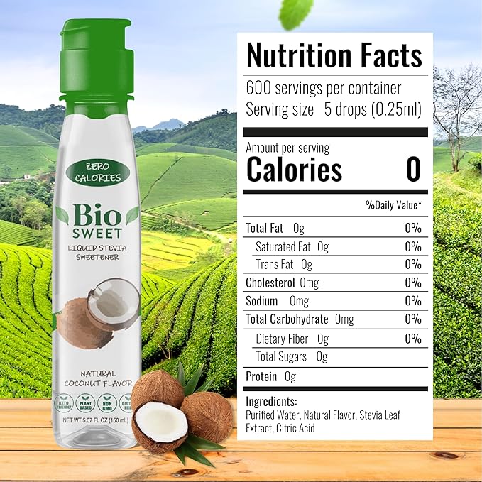 BioSweet Stevia Drops - Coconut Flavor | Zero Calorie Liquid Sweetener | Non GMO, Keto & Diabetic Friendly, Gluten Free, Vegan | Nothing Artificial | 3,000 drops (5.07 Fl Oz)