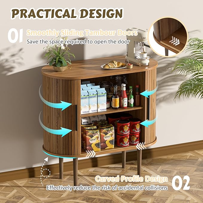 BlueWish 32" Fluted Storage Cabinet with Sliding Tambour Door, Sideboard Buffet Cabinet with Curved Profile Design, Modern Accent Coffee Bar Kitchen Cabinets Console Table for Living Room, Kitchen