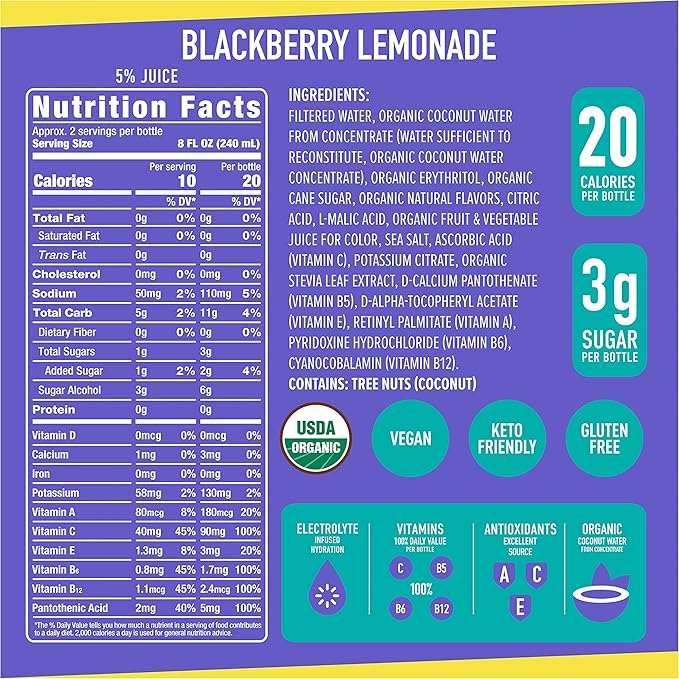 ROAR Complete Hydration Organic - Electrolyte Drinks Loaded with Vitamins C, B5, B12 - Non-GMO, Gluten-Free - Blackberry Lemonade - 12 pc