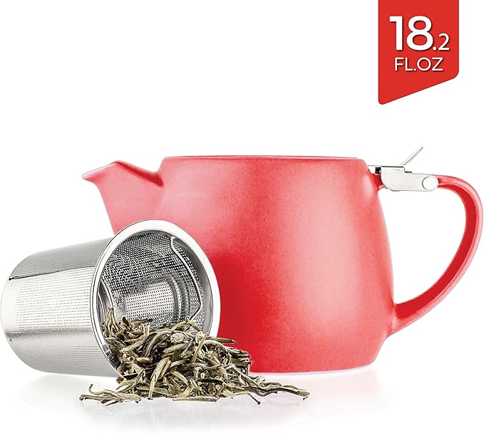 Tealyra - Pluto Porcelain Small Teapot Red - 18.2-ounce (1-2 cups) - Matte Finish - Stainless Steel Lid and Extra-Fine Infuser To Brew Loose Leaf Tea - 540ml