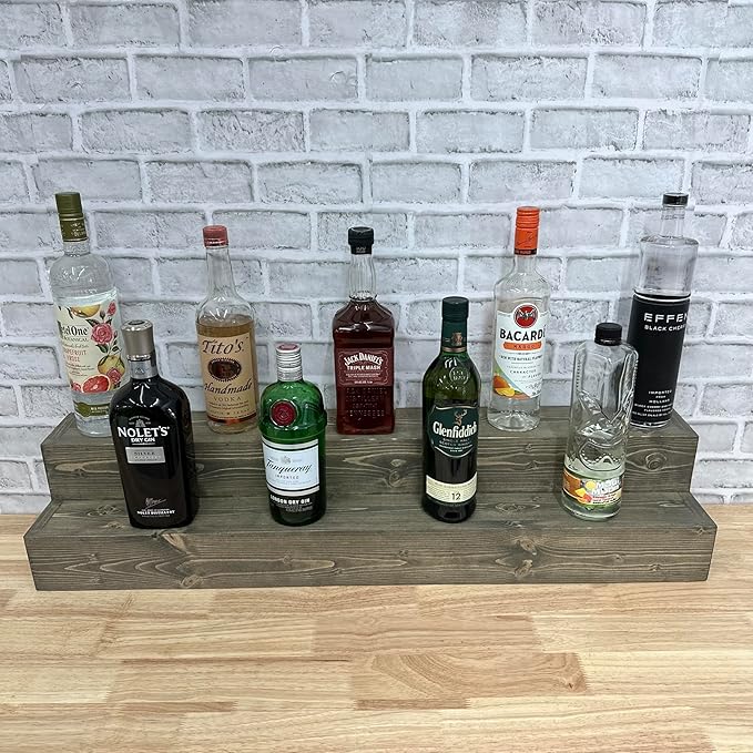 Tiered Bottle Shelf | 2 Tier Liquor Bottle Display | Bar Organization | Display Shelf | Wine Shelf | Bar Display | Kitchen Counter Shelf (36, Weathered Grey)