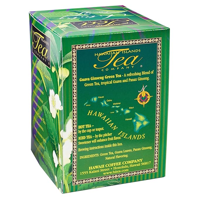 Hawaiian Islands Tea Company Guava Ginseng Green Tea, All Natural - 20 Teabags (1 Box)