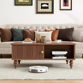Mid-Century Modern Wooden Coffee Table with Storage, Slatted Door, Solid Wood Legs, Retro Coffee Table with Open Shelf for Home & Office & Lounge, Walnut
