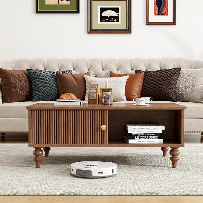 Mid-Century Modern Wooden Coffee Table with Storage, Slatted Door, Solid Wood Legs, Retro Coffee Table with Open Shelf for Home & Office & Lounge, Walnut