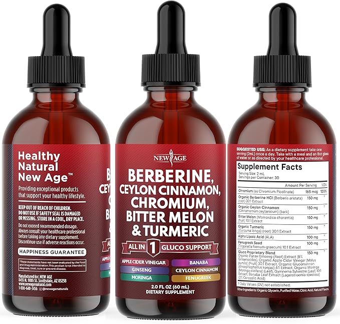 Berberine with Ceylon Cinnamon Supplement Liquid Drops + Bitter Melon Extract, Glucomannan, Gymnema, Chromium, Turmeric, Panax Ginseng, Moringa- 8 OZ