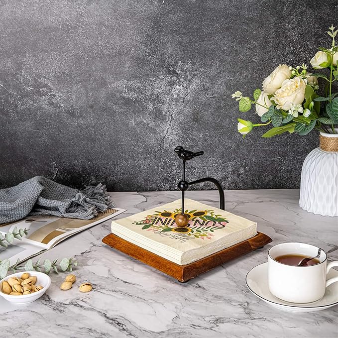 Wooden Napkin Holder for Table, Napkin Holders for Paper Napkins, Wooden Flat Napkin Holder with Bird-shaped Handle, Rustic Kitchen Decor for Counter, Ideal Napkin Dispenser for Dining Countertops