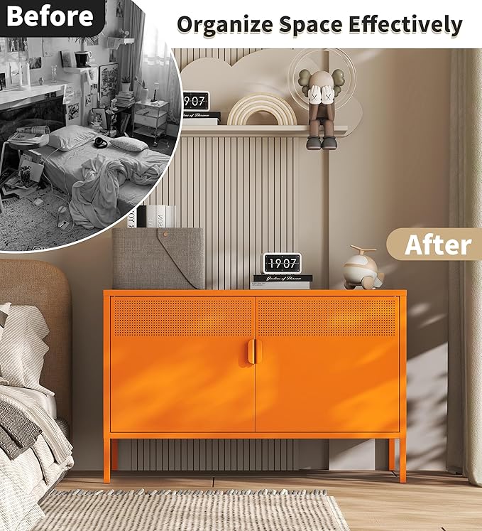 Orange Metal Storage Cabinet with 2 Doors - 25''H TV Stand, 2 Tier Locker with Adjustable Shelves, Multipurpose TV Cabinet for Office, Home, Living Room, Kitchen
