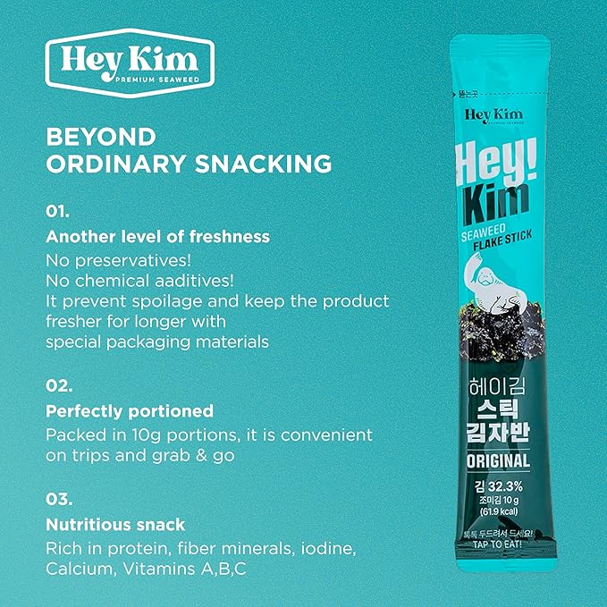 Heykim Seaweed Flakes Furikake toasted with Sesame individual stick pack x 15 sticks(10g), Easy Cut, Healthy snack, Easy to Carry, Original Sea Salted seasoned seaweed laver