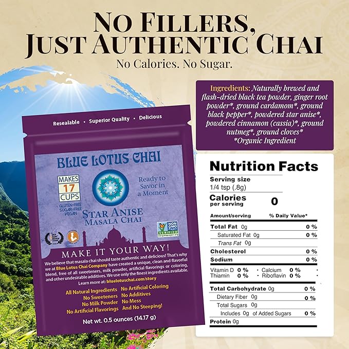 Blue Lotus Chai - Star Anise Masala Chai - Makes 17 Cups - 0.5 oz Pouch Masala Spiced Chai Powder with Organic Spices - Instant Indian Tea No Steeping - No Gluten