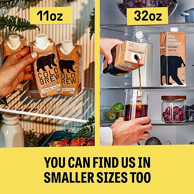 Wandering Bear Organic Caramel Cold Brew Coffee On Tap, Iced Coffee Drink - Extra Strong, Bold, Smooth, No Sugar Added, Shelf-Stable, Ready to Drink,Gluten Free & Vegan -16 Servings of 6fl.oz -96fl.oz